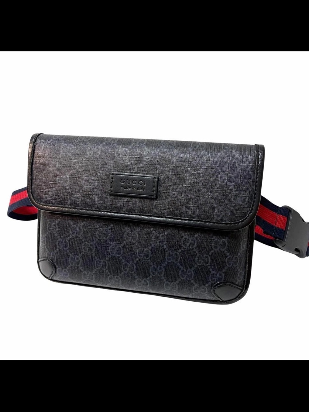 Gucci Black GG Supreme Canvas Belt Bag with Red and Blue Web Strap